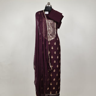 Wine color Modal Silk Party Wear suit with neck embroidery