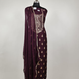 Wine color Modal Silk Party Wear suit with neck embroidery