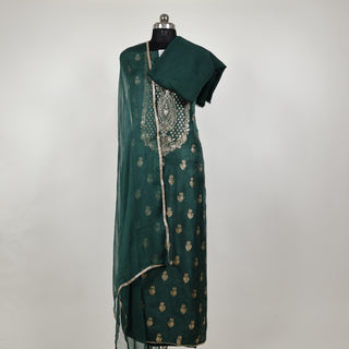 Green Modal Silk Party Wear suit with neck embroidery