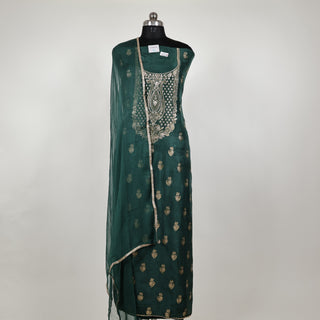 Green Modal Silk Party Wear suit with neck embroidery