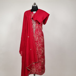 Red Modal Silk Party Wear suit with neck embroidery