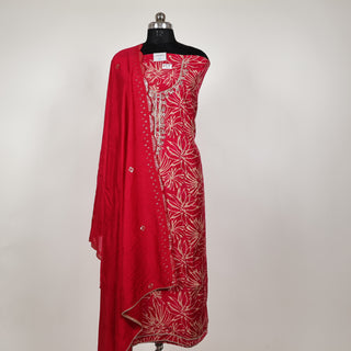 Red Modal Silk Party Wear suit with neck embroidery