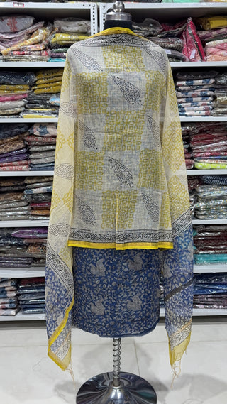 Hand block kota doria suit set for office wear with Lining included