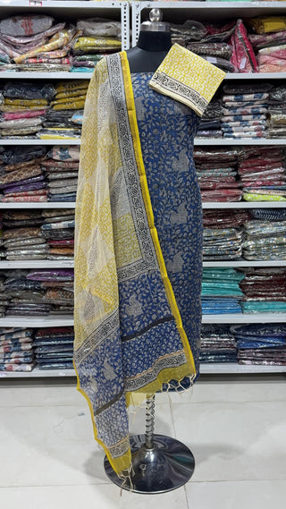 Hand block kota doria suit set for office wear with Lining included