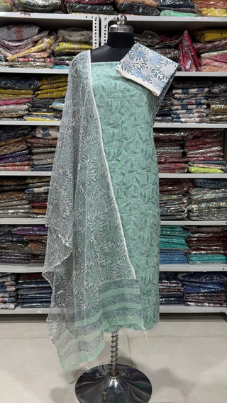 Hand block kota doria suit set for office wear with Lining included