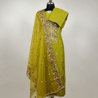 Parrot Green Modal Cotton suit with floral embroidery and organza dupatta