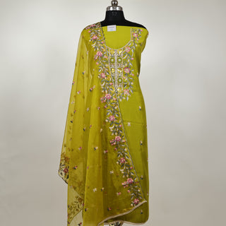 Parrot Green Modal Cotton suit with floral embroidery and organza dupatta