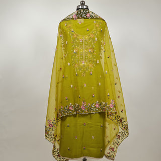 Parrot Green Modal Cotton suit with floral embroidery and organza dupatta