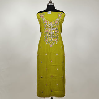 Parrot Green Modal Cotton suit with floral embroidery and organza dupatta