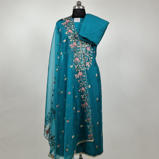 Blue Firozi Modal Cotton suit with floral embroidery and organza dupatta