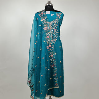 Blue Firozi Modal Cotton suit with floral embroidery and organza dupatta