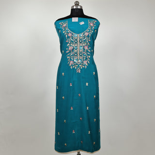 Blue Firozi Modal Cotton suit with floral embroidery and organza dupatta