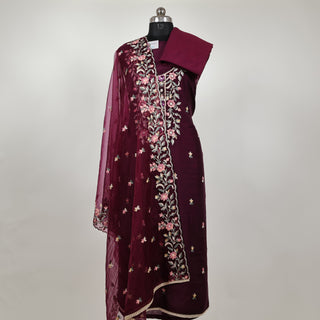 Wine Color Modal Cotton suit with floral embroidery and organza dupatta