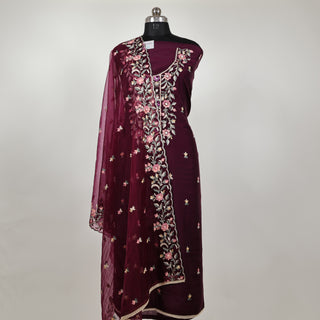 Wine Color Modal Cotton suit with floral embroidery and organza dupatta