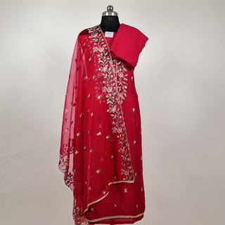 Red Modal Cotton suit with floral embroidery and organza dupatta