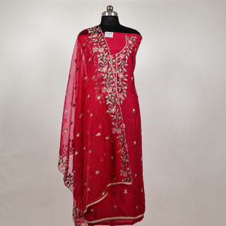 Red Modal Cotton suit with floral embroidery and organza dupatta