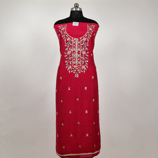 Red Modal Cotton suit with floral embroidery and organza dupatta