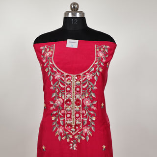 Red Modal Cotton suit with floral embroidery and organza dupatta