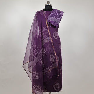 Purple Hand block kota doria office wear suit fabric with dupatta