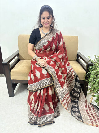 Red Color Chanderi Silk Saree with Zari Border and Unstitched Blouse Piece (Lining Included)