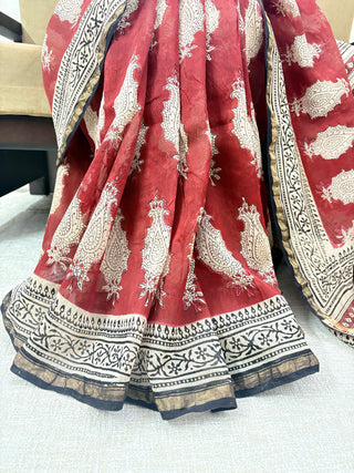 Red Color Chanderi Silk Saree with Zari Border and Unstitched Blouse Piece (Lining Included)