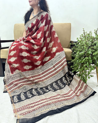 Red Color Chanderi Silk Saree with Zari Border and Unstitched Blouse Piece (Lining Included)