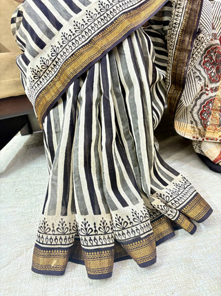 Ajrakh Print Handblock Maheshwari Silk Saree with Unstitched Blouse Piece (Lining Included)