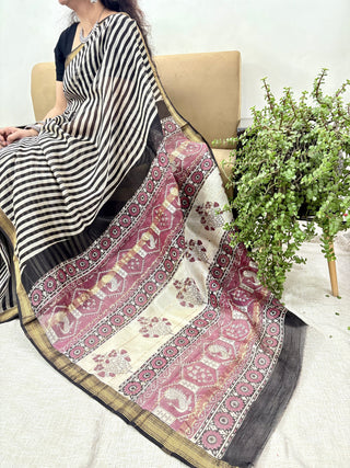 Ajrakh Print Handblock Maheshwari Silk Saree with Unstitched Blouse Piece (Lining Included)