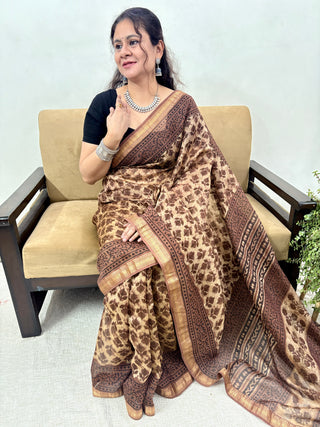 Vanaspati Handblock Maheshwari Silk Saree with Unstitched Blouse Piece (Lining Included)