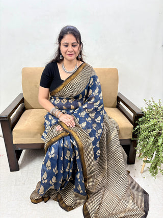 Handblock Maheshwari Silk Saree with Unstitched Blouse Piece (Lining Included)