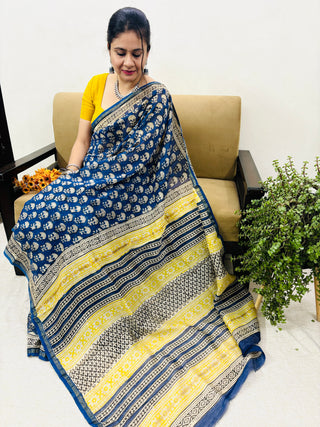 Blue Color Chanderi Silk Saree with Zari Border and Unstitched Blouse Piece (Lining Included)(lining included)