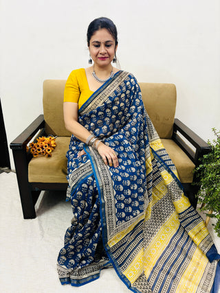 Blue Color Chanderi Silk Saree with Zari Border and Unstitched Blouse Piece (Lining Included)(lining included)