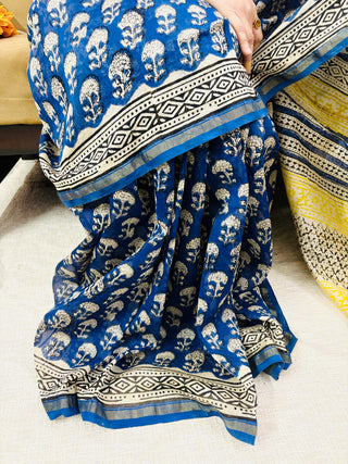 Blue Color Chanderi Silk Saree with Zari Border and Unstitched Blouse Piece (Lining Included)(lining included)