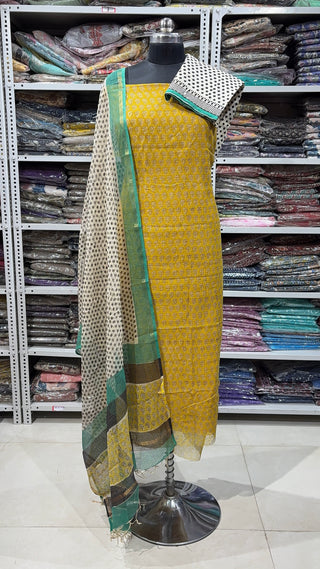 Hand block kota doria suit set for office wear (with Lining included)
