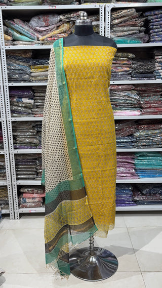 Hand block kota doria suit set for office wear (with Lining included)