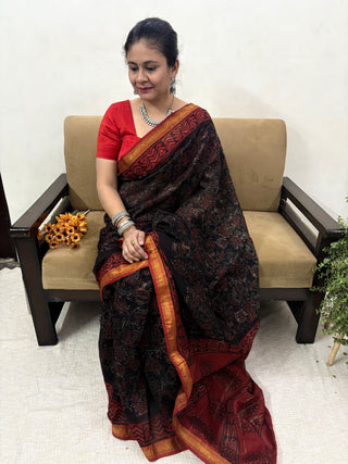 Ajrakh Print Handblock Maheshwari Silk Saree with Unstitched Blouse Piece (Lining Included)