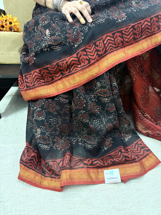 Ajrakh Print Handblock Maheshwari Silk Saree with Unstitched Blouse Piece (Lining Included)