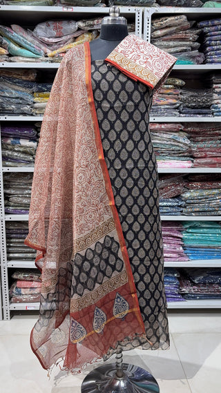 Hand block kota doria suit set for office wear (with Lining included)