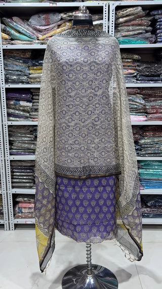 Hand block kota doria suit set for office wear (with Lining included)