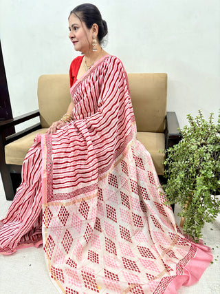 Pink Red Stripe Chanderi Silk Saree with Zari Border and Unstitched Blouse Piece (Lining Included)