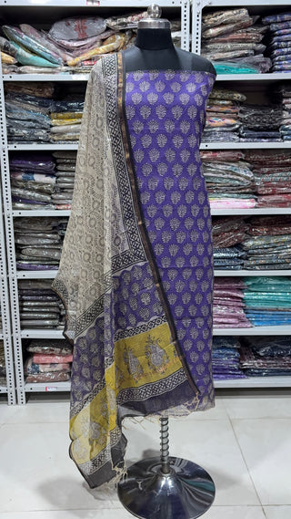 Hand block kota doria suit set for office wear (with Lining included)