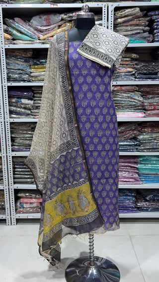 Hand block kota doria suit set for office wear (with Lining included)