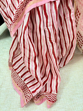 Pink Red Stripe Chanderi Silk Saree with Zari Border and Unstitched Blouse Piece (Lining Included)