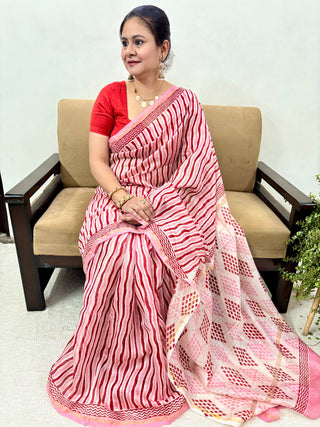 Pink Red Stripe Chanderi Silk Saree with Zari Border and Unstitched Blouse Piece (Lining Included)