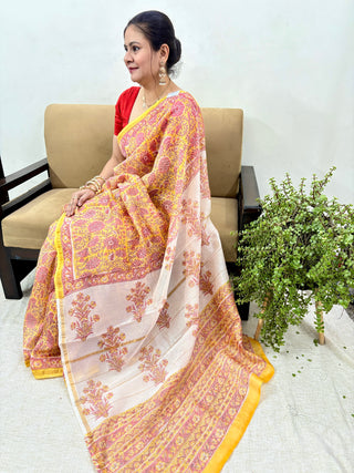 Beige Color Chanderi Silk Saree with Zari Border and Unstitched Blouse Piece (Lining Included)