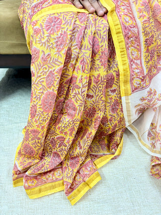 Beige Color Chanderi Silk Saree with Zari Border and Unstitched Blouse Piece (Lining Included)