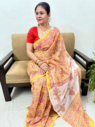 Beige Color Chanderi Silk Saree with Zari Border and Unstitched Blouse Piece (Lining Included)