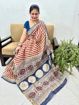 Ajrakh Print Chanderi Silk Saree with Zari Border and Unstitched Blouse Piece (Lining Included)