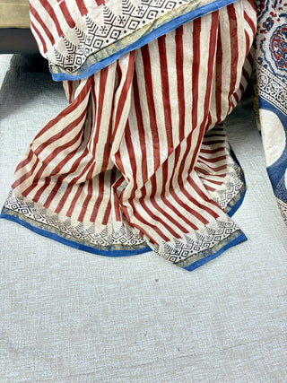 Ajrakh Print Chanderi Silk Saree with Zari Border and Unstitched Blouse Piece (Lining Included)