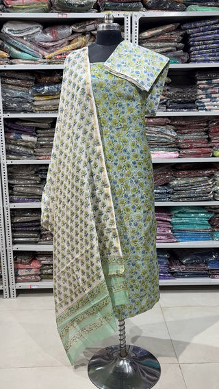 Handblock Chanderi Suit Material with Chanderi Dupatta(Lining Included)